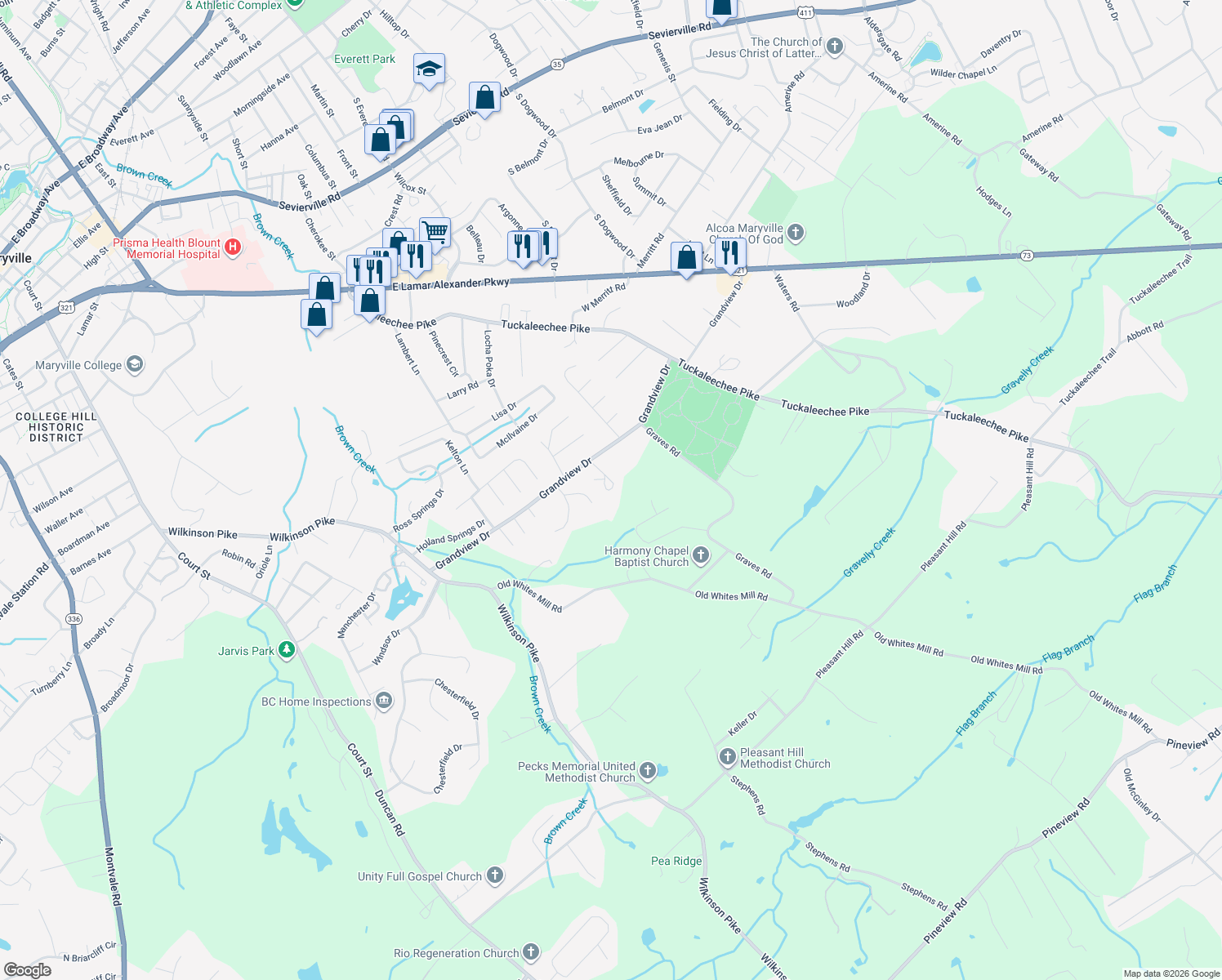 map of restaurants, bars, coffee shops, grocery stores, and more near 628 Grandview Drive in Maryville