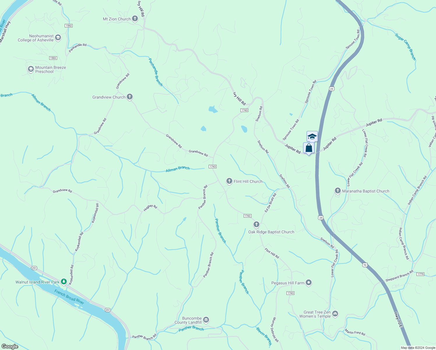 map of restaurants, bars, coffee shops, grocery stores, and more near 9999 Flint Hill Road in Alexander