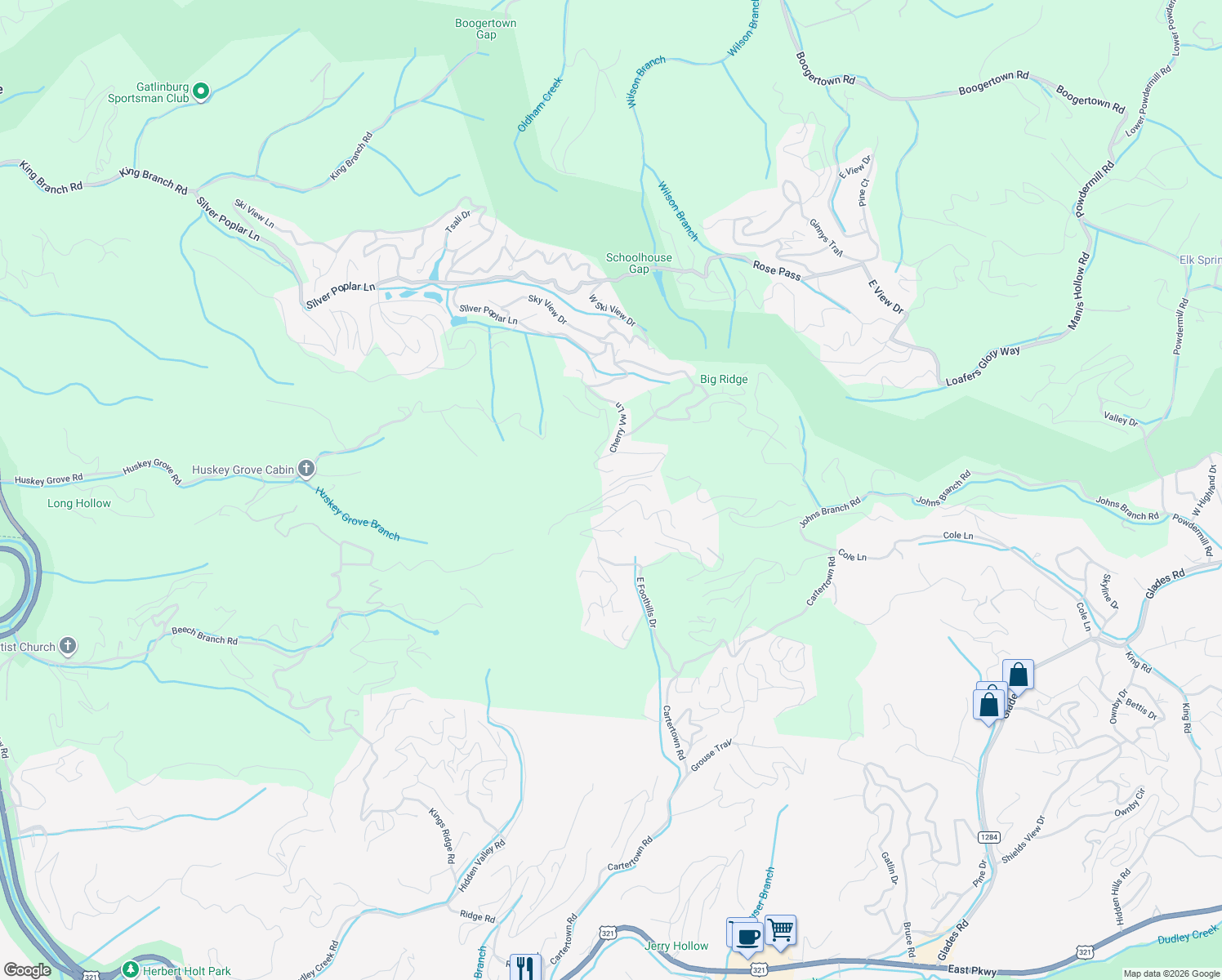 map of restaurants, bars, coffee shops, grocery stores, and more near Villa Overlook Way in Gatlinburg