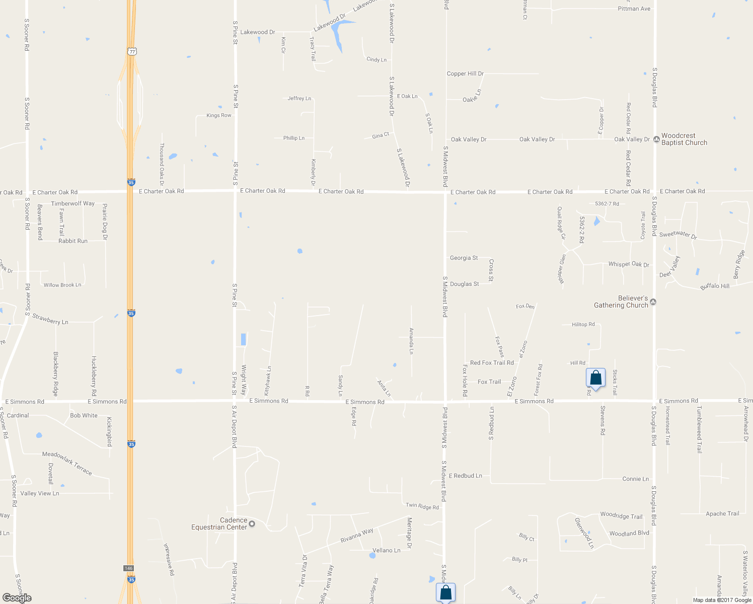map of restaurants, bars, coffee shops, grocery stores, and more near 12900 Sandy Lane in Edmond
