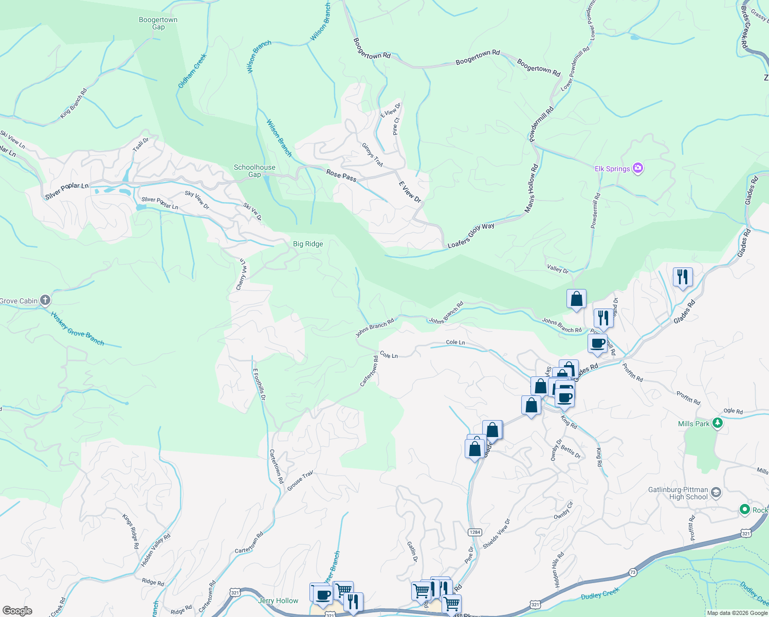 map of restaurants, bars, coffee shops, grocery stores, and more near 816 Maple Hill Way in Gatlinburg