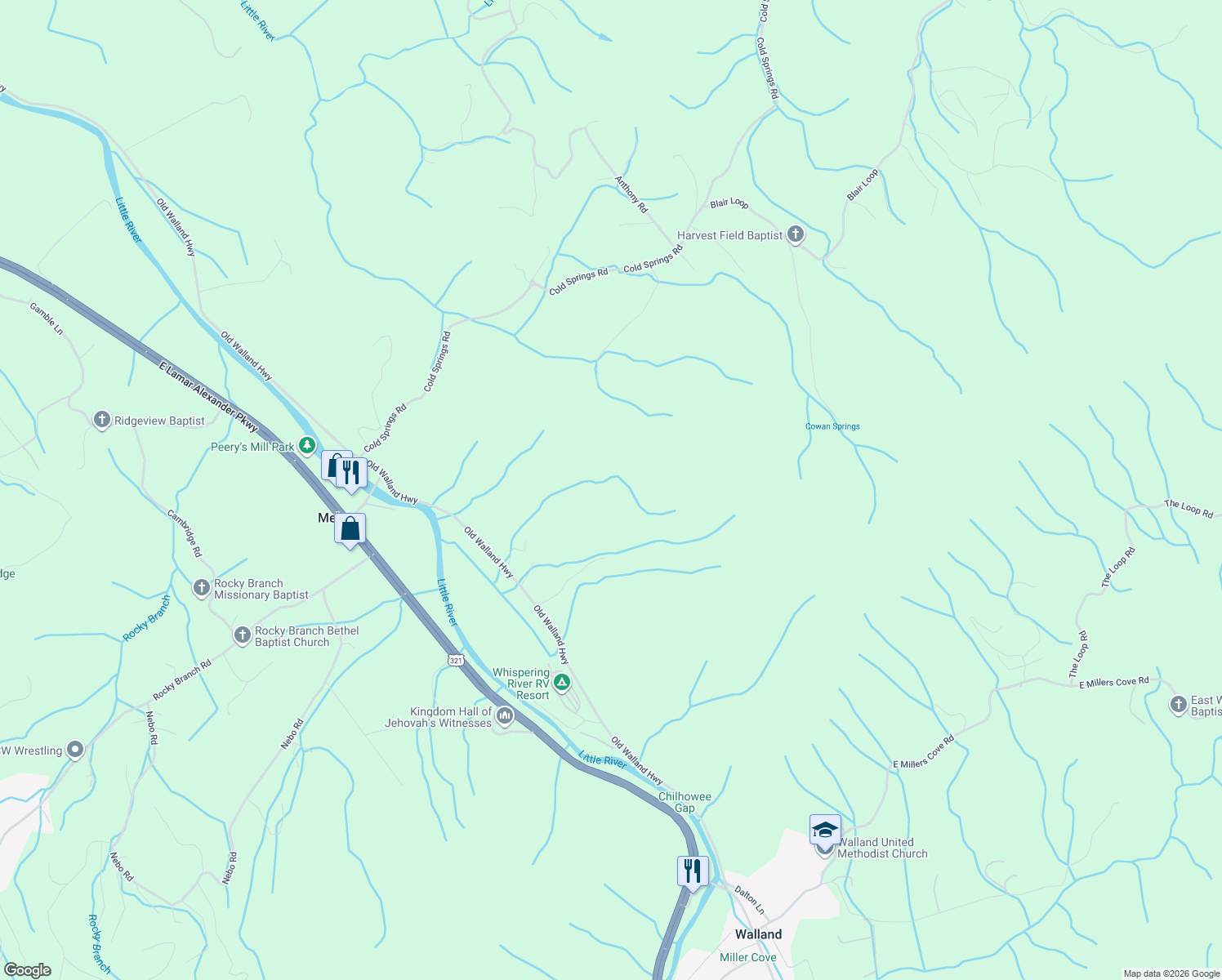 map of restaurants, bars, coffee shops, grocery stores, and more near 4841 Old Walland Highway in Walland