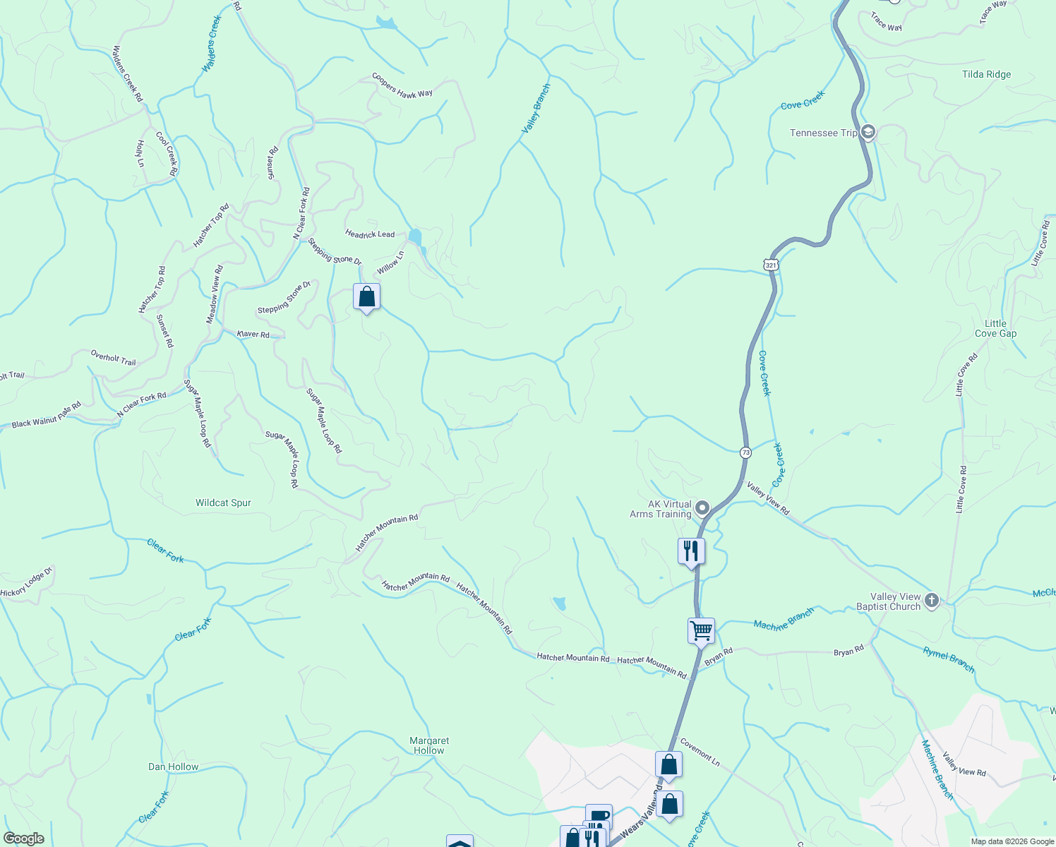 map of restaurants, bars, coffee shops, grocery stores, and more near 2712 Indigo Lane in Sevierville