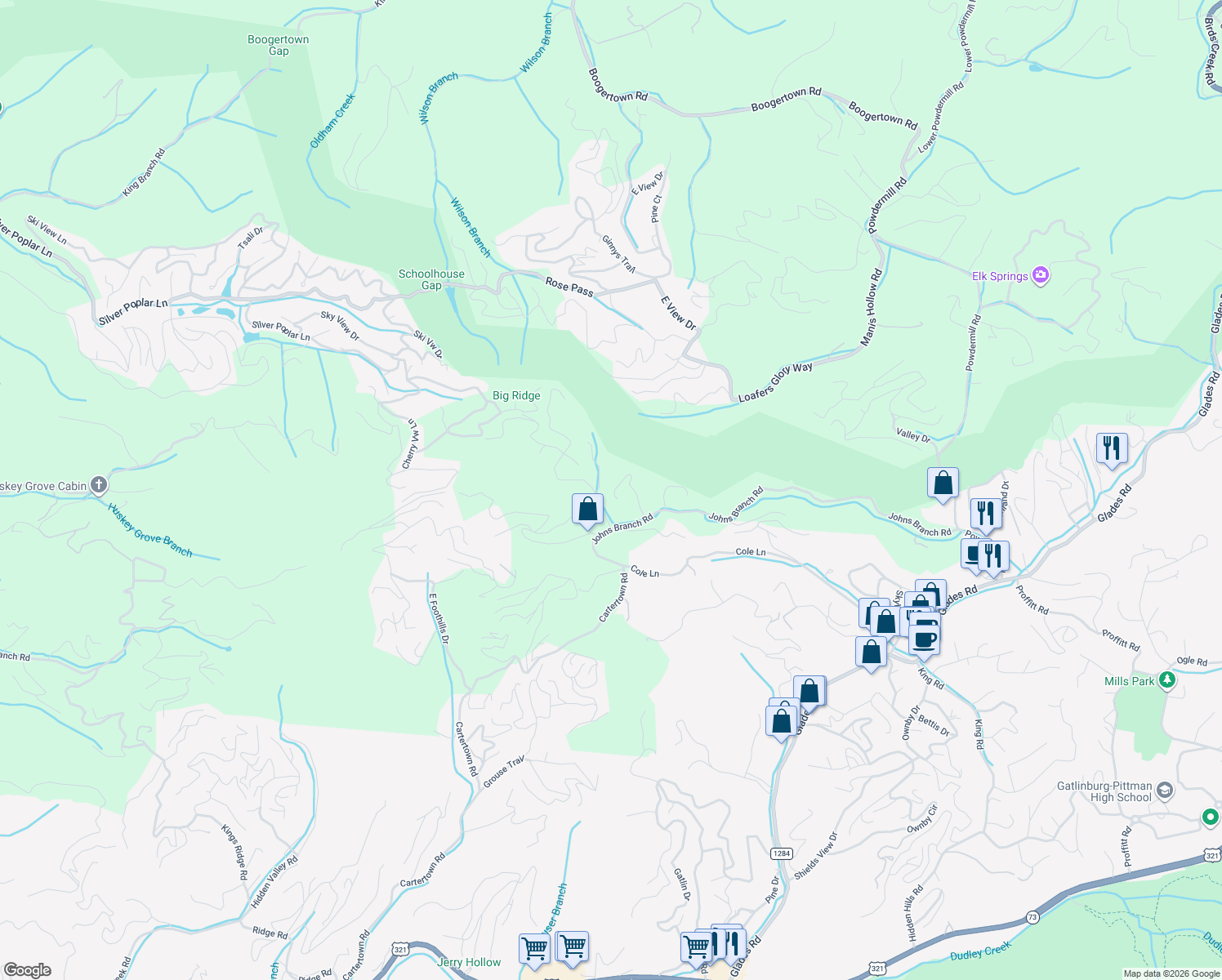 map of restaurants, bars, coffee shops, grocery stores, and more near 822 Boyd Boulevard in Gatlinburg