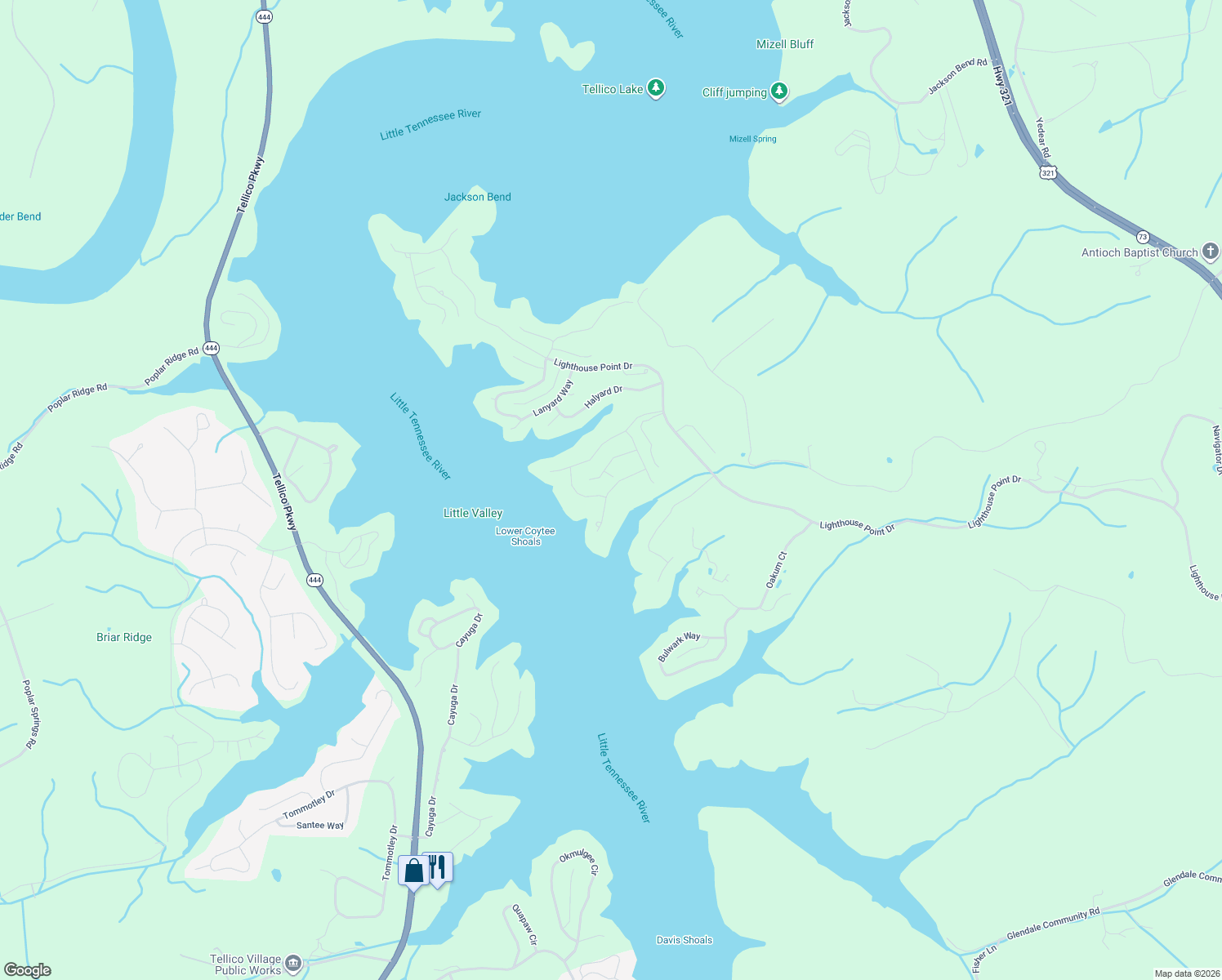 map of restaurants, bars, coffee shops, grocery stores, and more near Zepher Drive in Lenoir City