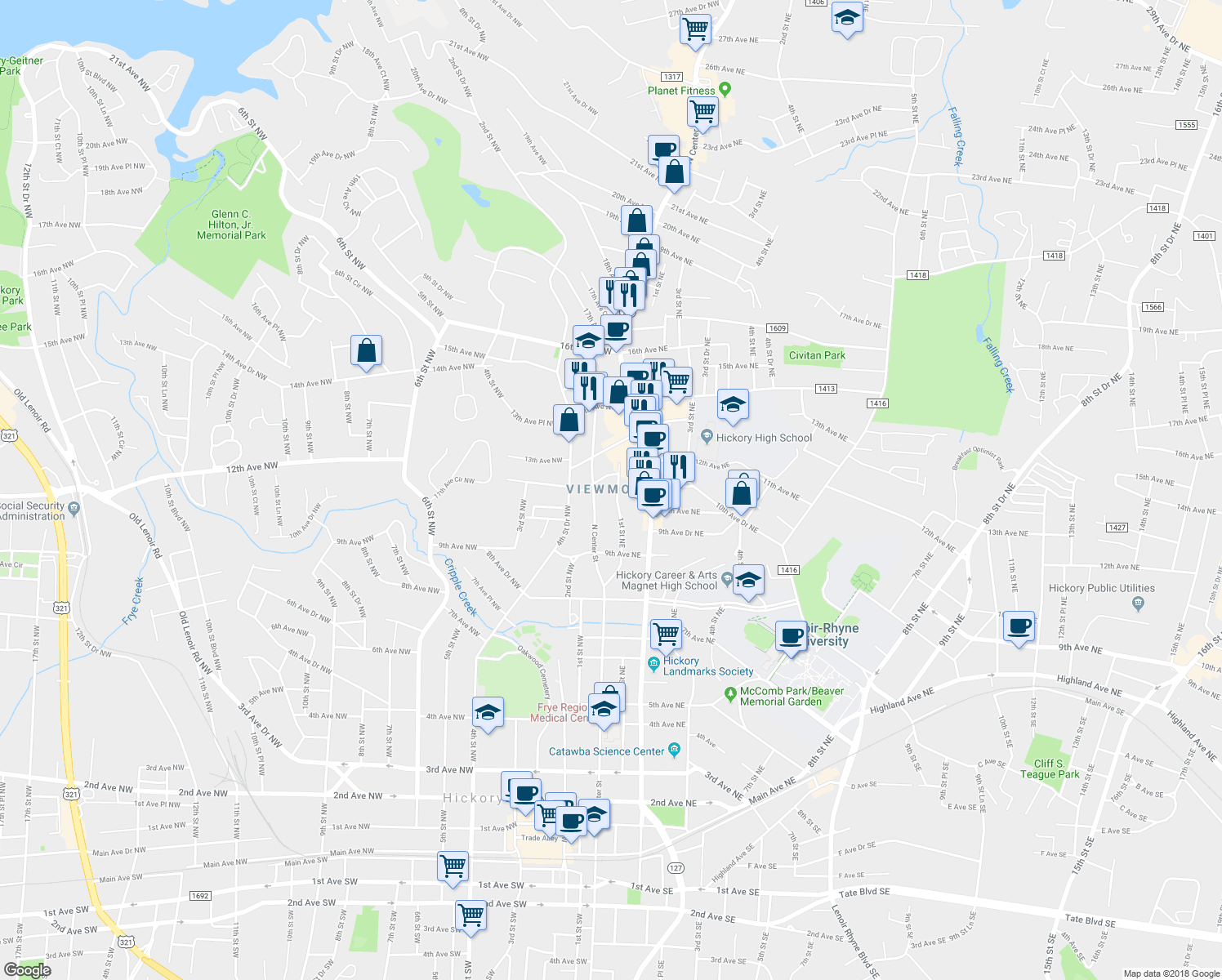 map of restaurants, bars, coffee shops, grocery stores, and more near 1025 1st Street Northeast in Hickory