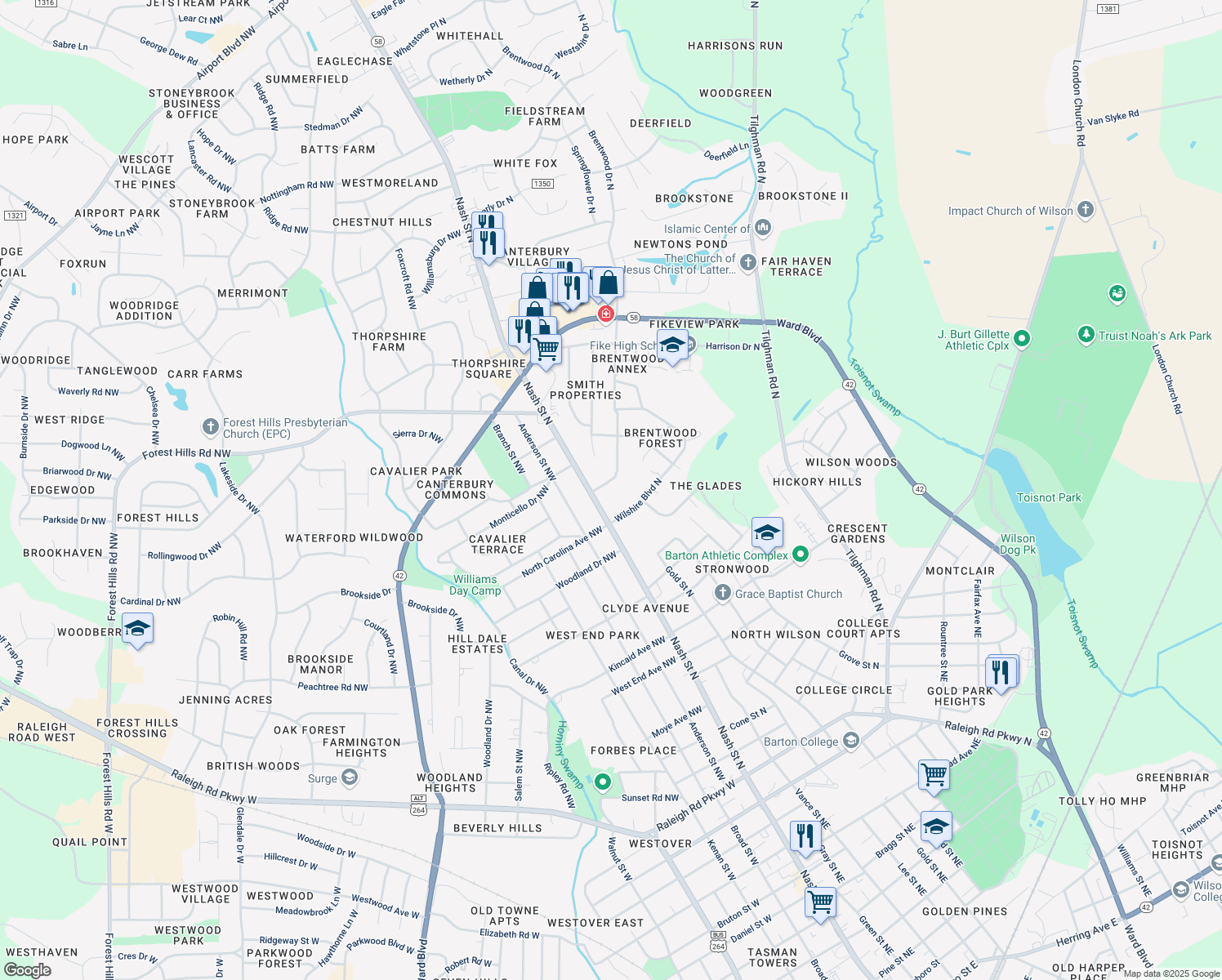 map of restaurants, bars, coffee shops, grocery stores, and more near 102 Brentwood Drive in Wilson