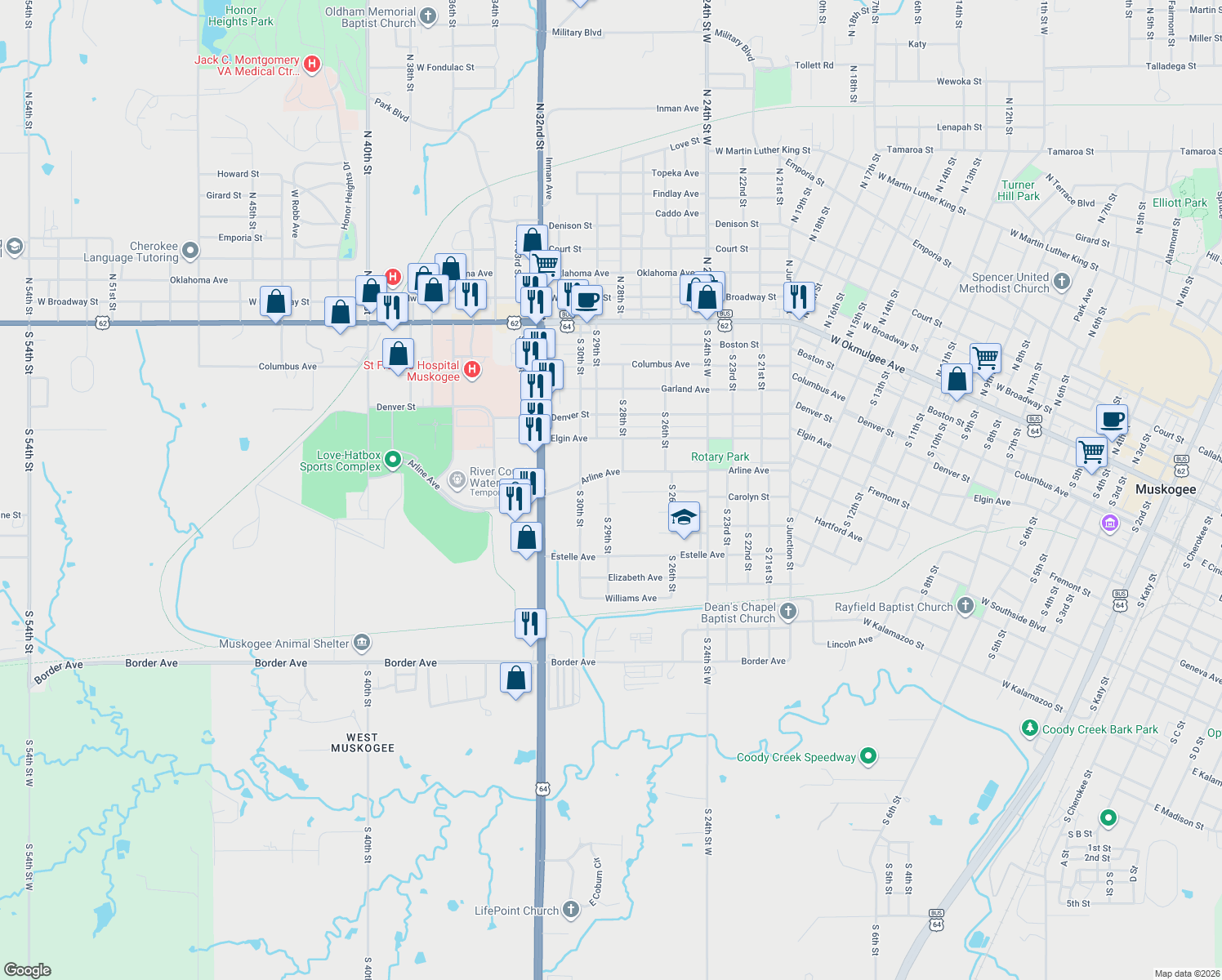 map of restaurants, bars, coffee shops, grocery stores, and more near 720 South 29th Street in Muskogee
