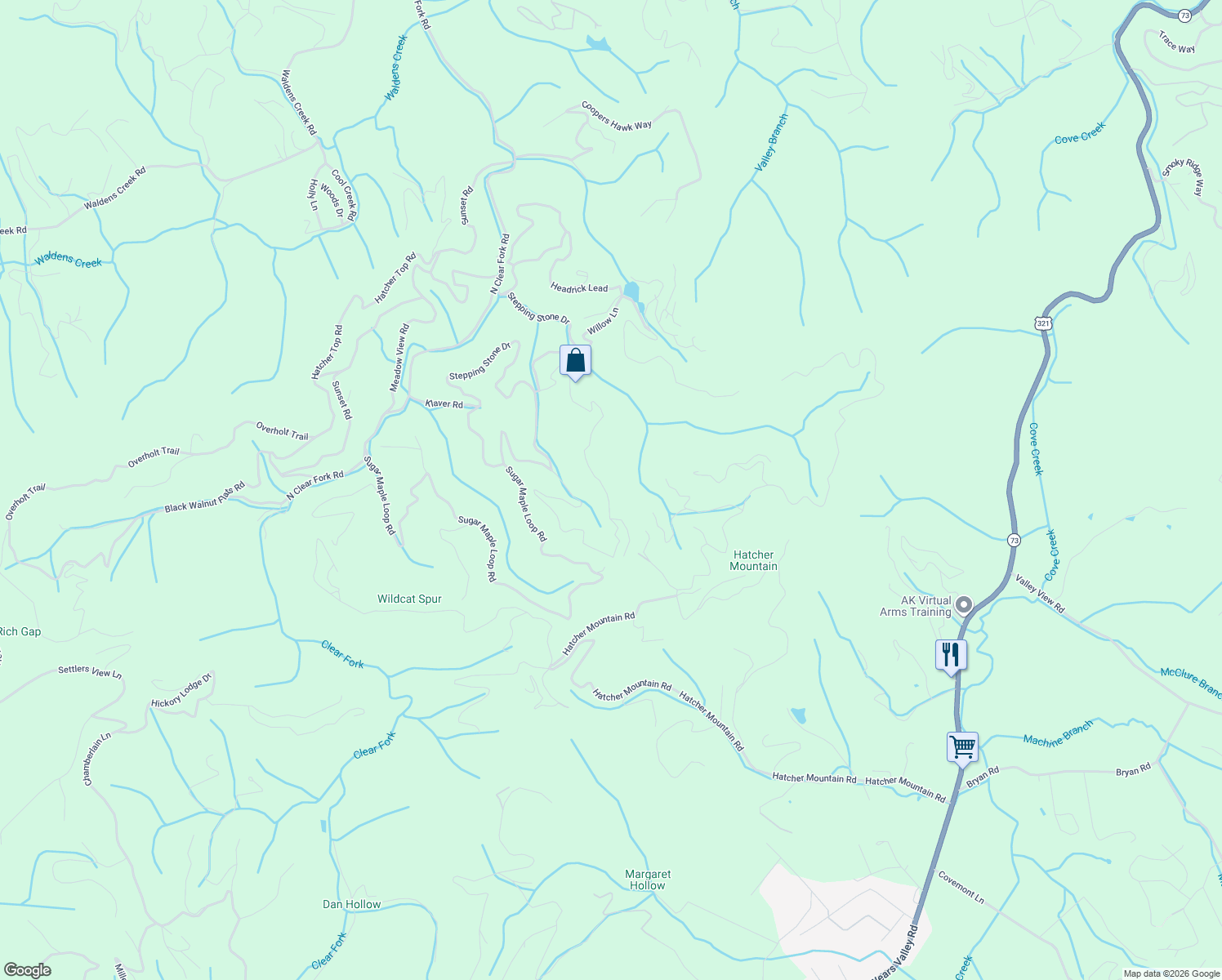map of restaurants, bars, coffee shops, grocery stores, and more near 3208 Emerald Springs Loop in Pigeon Forge