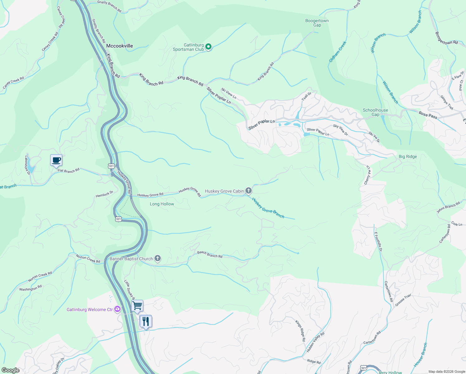 map of restaurants, bars, coffee shops, grocery stores, and more near 310 Kingsbrook Way in Sevierville
