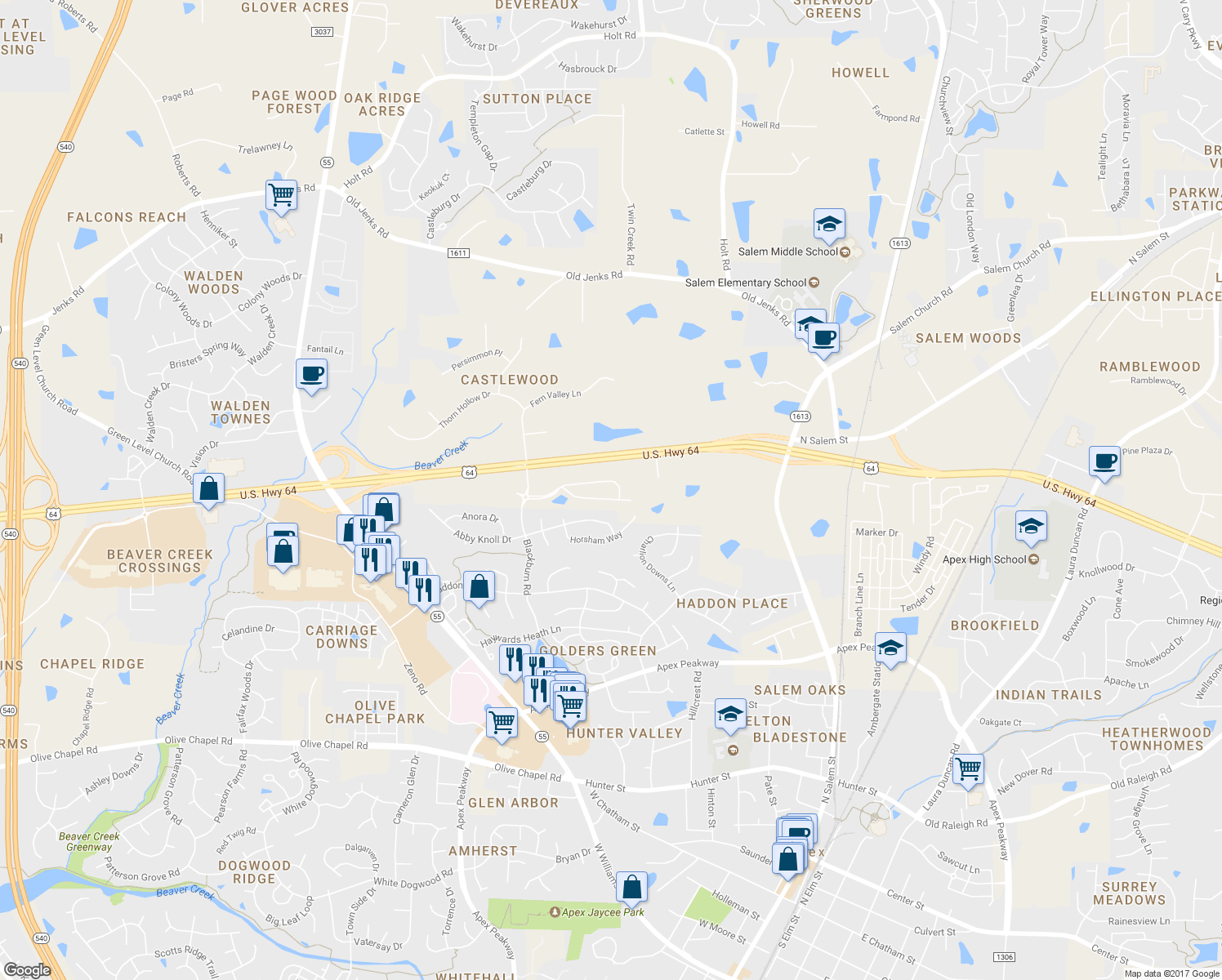 map of restaurants, bars, coffee shops, grocery stores, and more near 1701 U.S. 64 in Apex