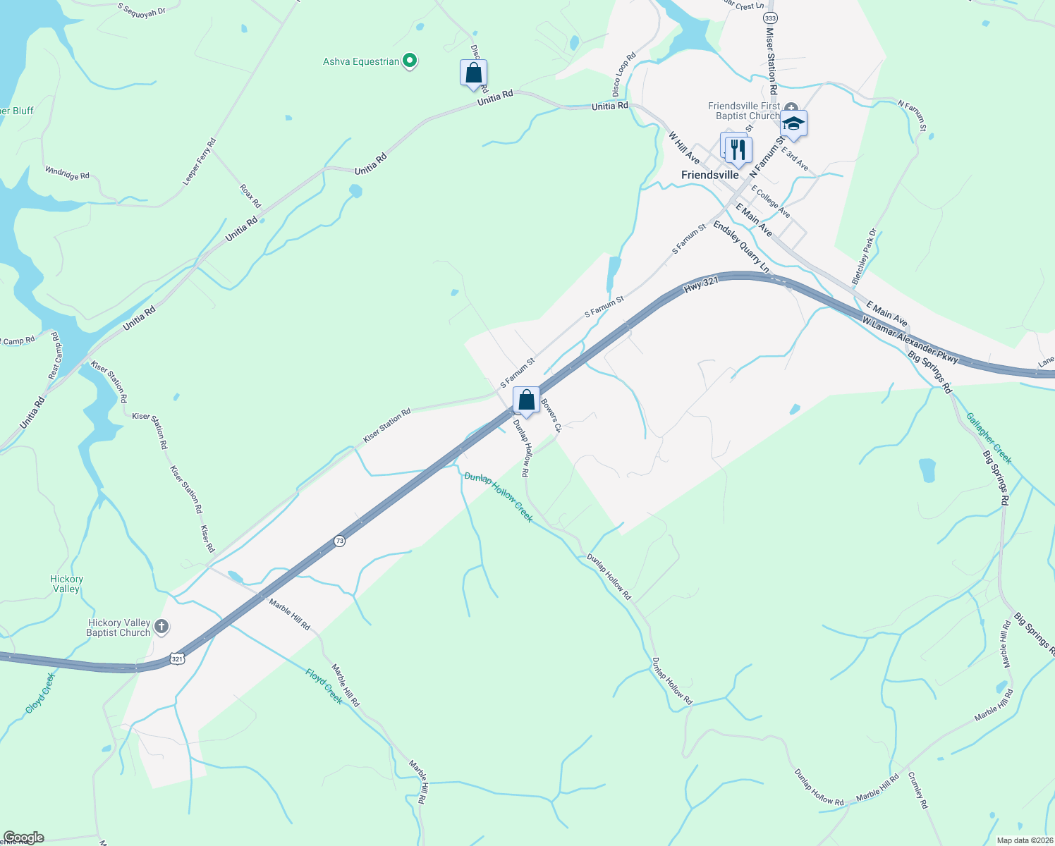map of restaurants, bars, coffee shops, grocery stores, and more near 205 Dunlap Hollow Road in Friendsville