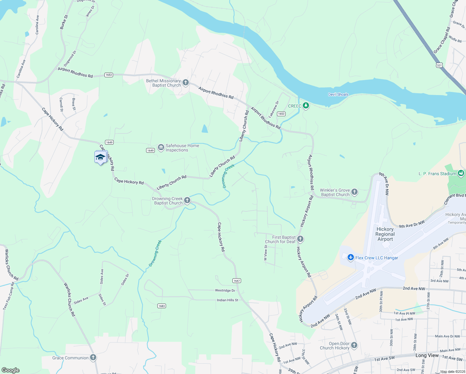 map of restaurants, bars, coffee shops, grocery stores, and more near 2296 West View Acres Avenue Extension in Hickory