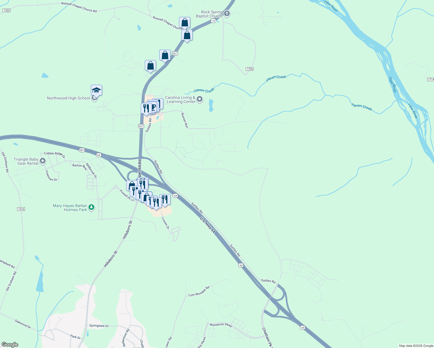 map of restaurants, bars, coffee shops, grocery stores, and more near 1108 Russet Run in Pittsboro