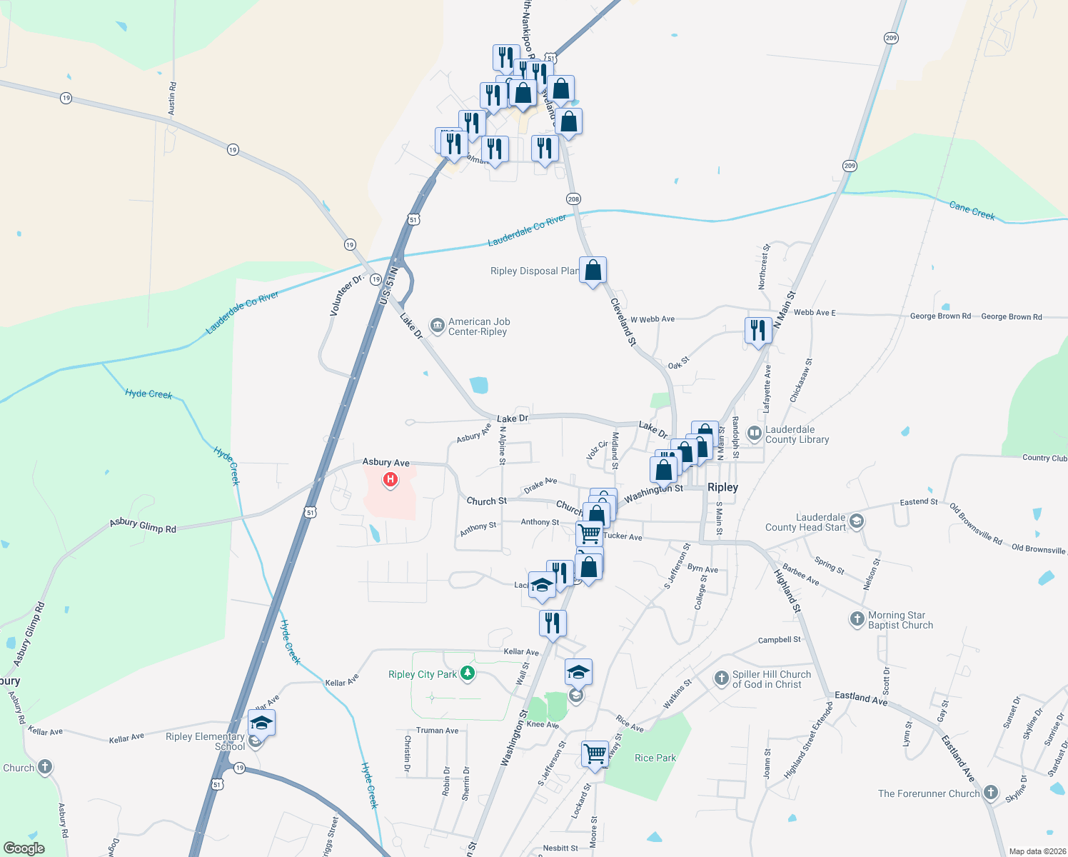 map of restaurants, bars, coffee shops, grocery stores, and more near 238 Lake Drive in Ripley
