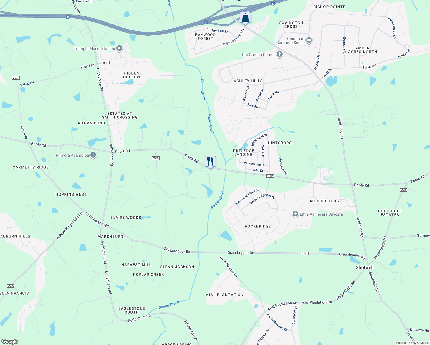 map of restaurants, bars, coffee shops, grocery stores, and more near 8832 Poole Road in Knightdale