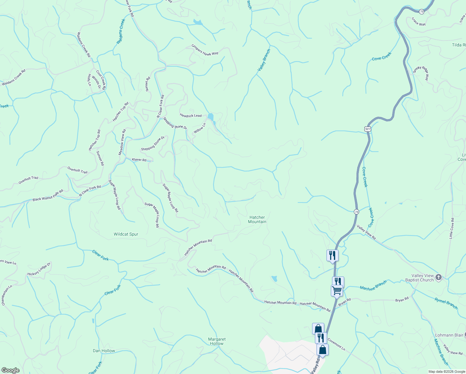 map of restaurants, bars, coffee shops, grocery stores, and more near 2261 Lone Ridge Drive in Sevierville