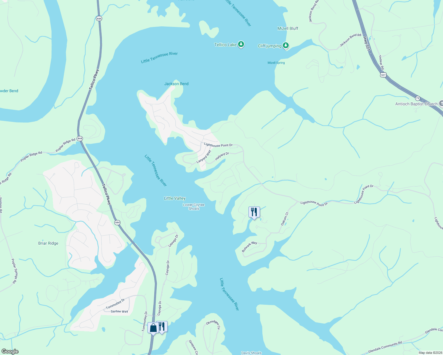 map of restaurants, bars, coffee shops, grocery stores, and more near 1098 Taffrail Drive in Lenoir City