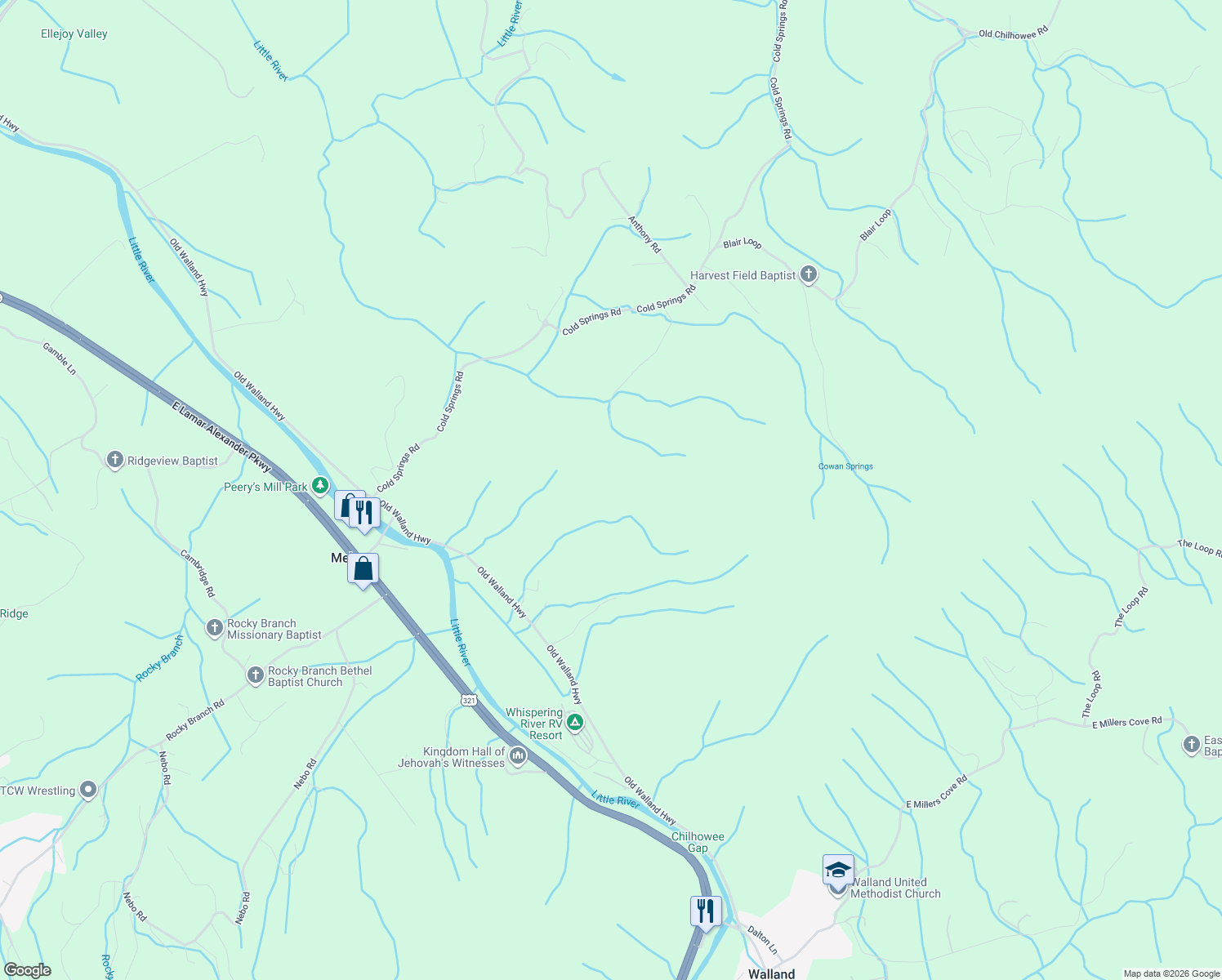 map of restaurants, bars, coffee shops, grocery stores, and more near 4841 Old Walland Highway in Walland
