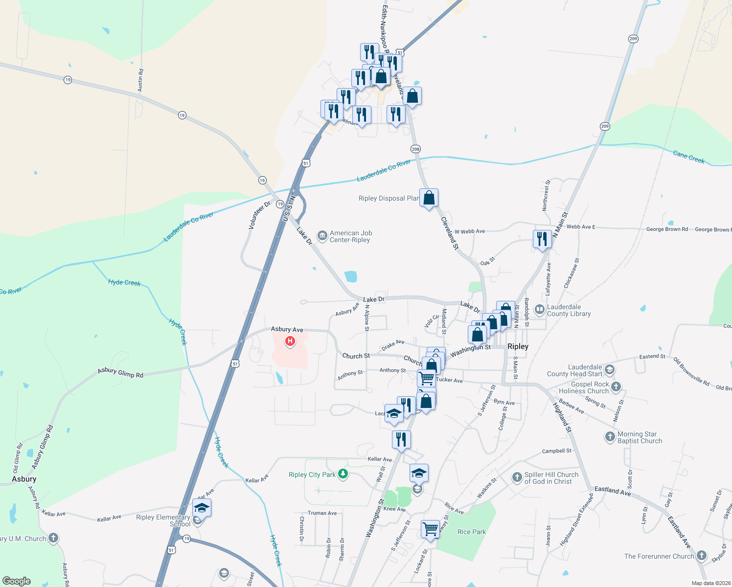 map of restaurants, bars, coffee shops, grocery stores, and more near 263 Lake Dr in Ripley