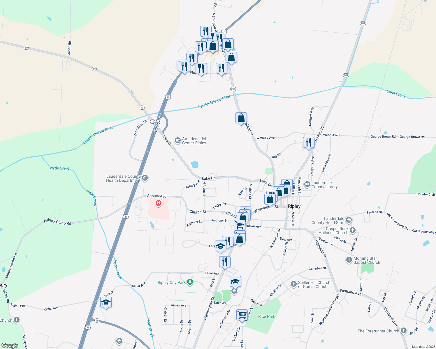 map of restaurants, bars, coffee shops, grocery stores, and more near 237 Lake Drive in Ripley