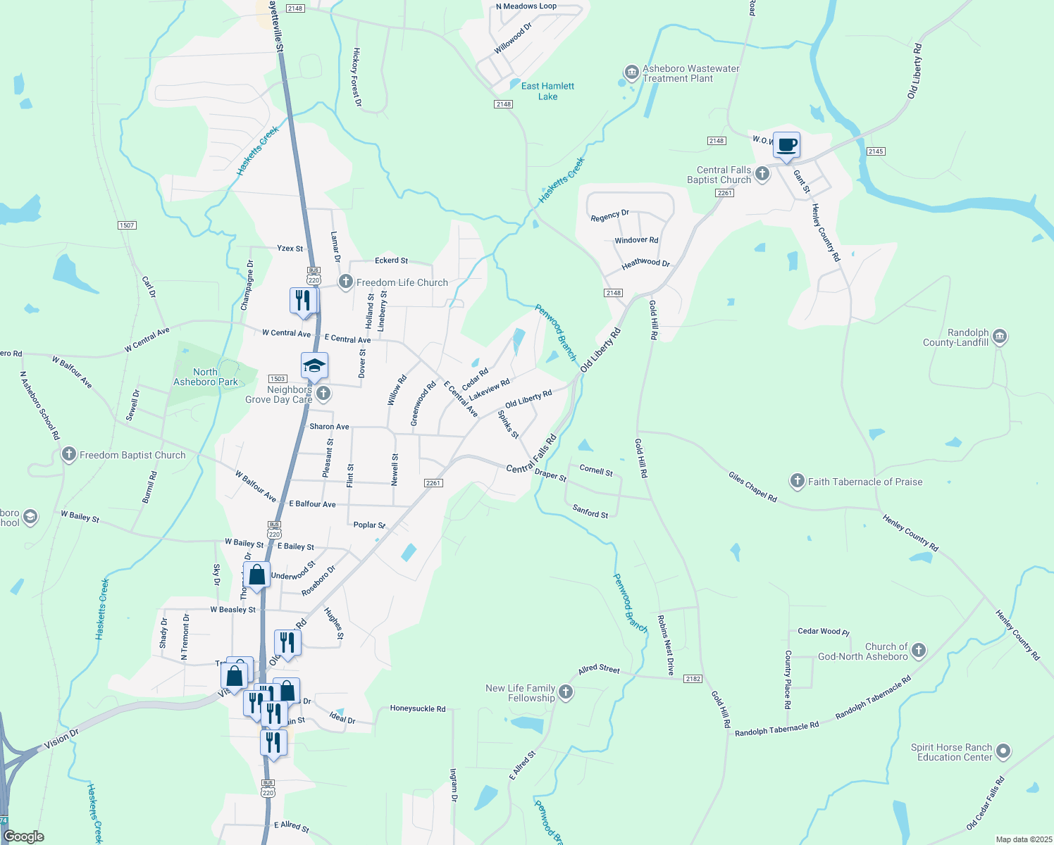 map of restaurants, bars, coffee shops, grocery stores, and more near 1913 Levance Street in Asheboro