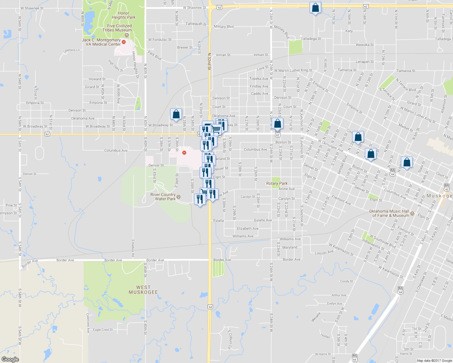 map of restaurants, bars, coffee shops, grocery stores, and more near 604 South 30th Street in Muskogee