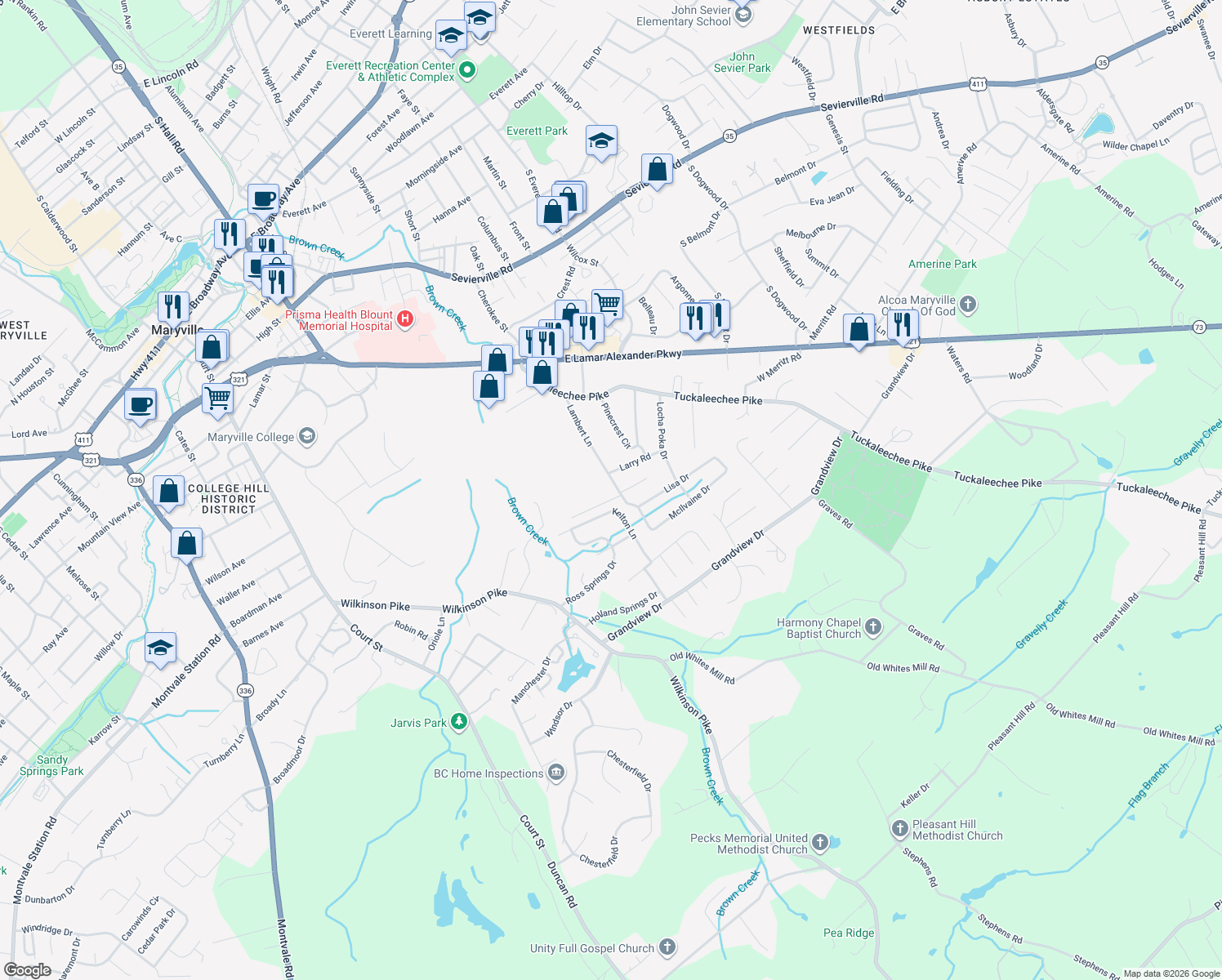 map of restaurants, bars, coffee shops, grocery stores, and more near 309 W Lambert Ln in Maryville