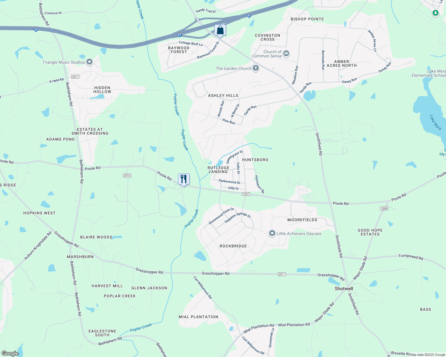 map of restaurants, bars, coffee shops, grocery stores, and more near 1213 Moore's Creek Drive in Knightdale