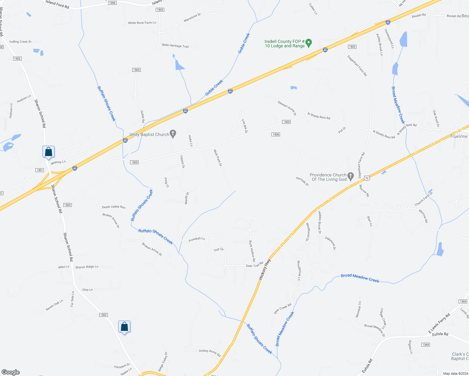 map of restaurants, bars, coffee shops, grocery stores, and more near Mott Park Drive in Iredell County