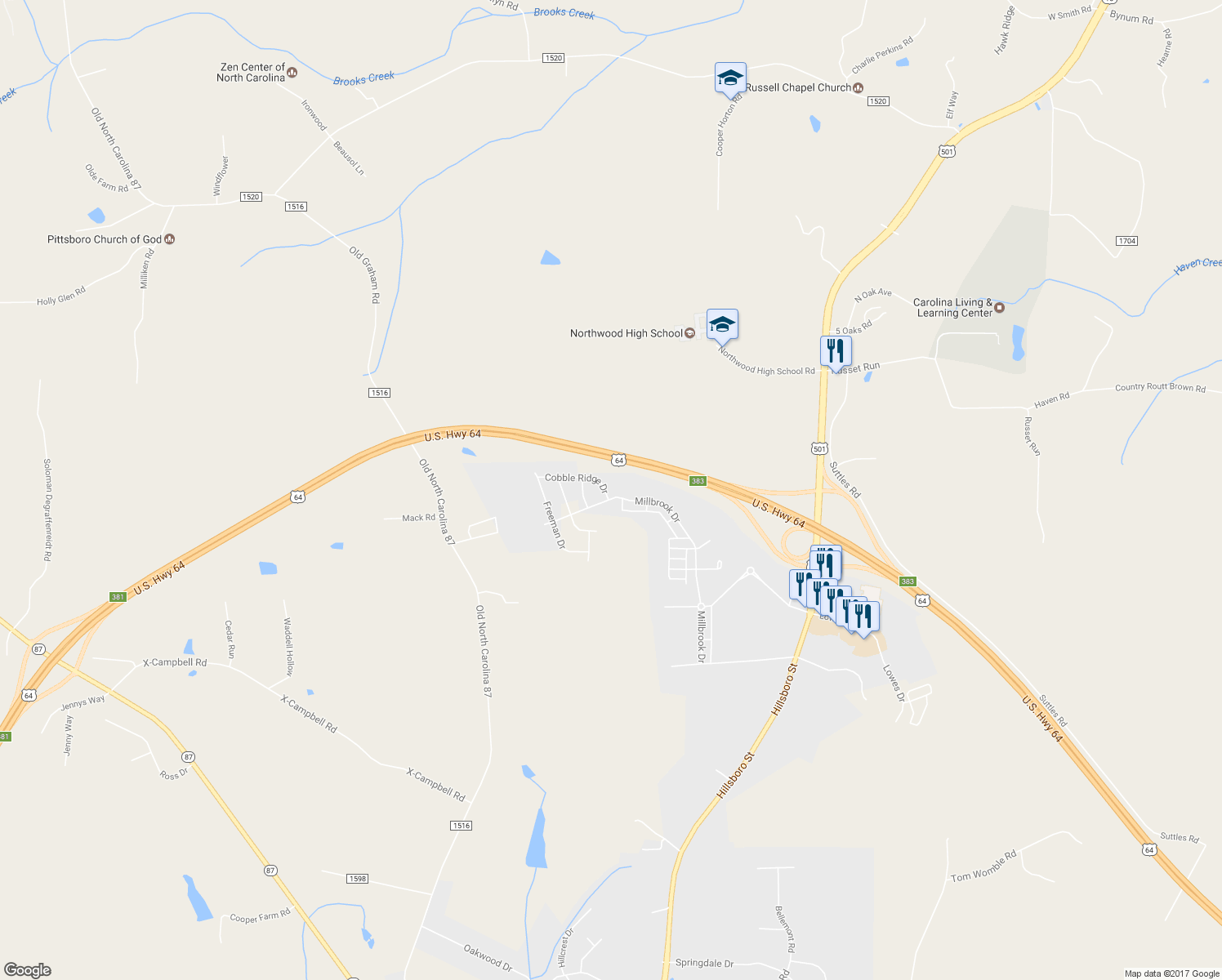 map of restaurants, bars, coffee shops, grocery stores, and more near 26 Cobble Ridge Drive in Pittsboro