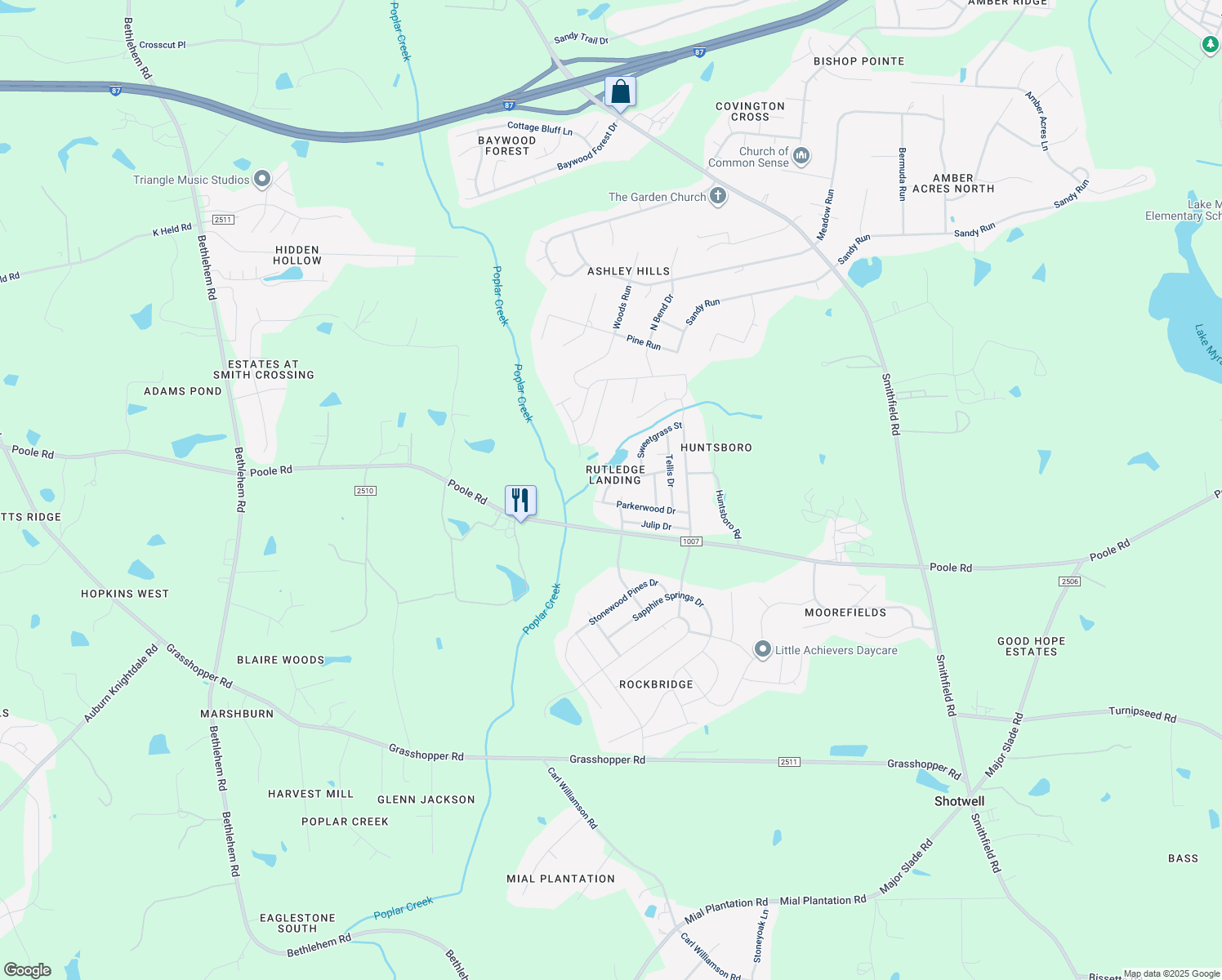 map of restaurants, bars, coffee shops, grocery stores, and more near 5120 Limewood Street in Knightdale