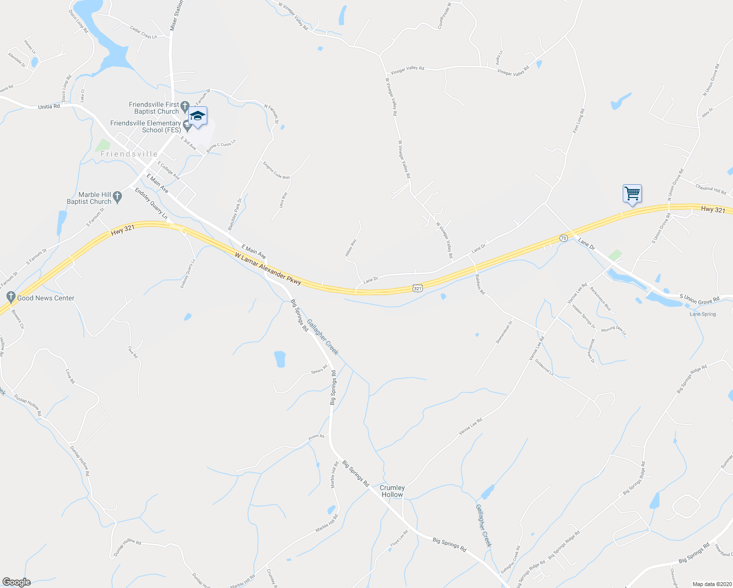 map of restaurants, bars, coffee shops, grocery stores, and more near 3161 West Lamar Alexander Parkway in Friendsville