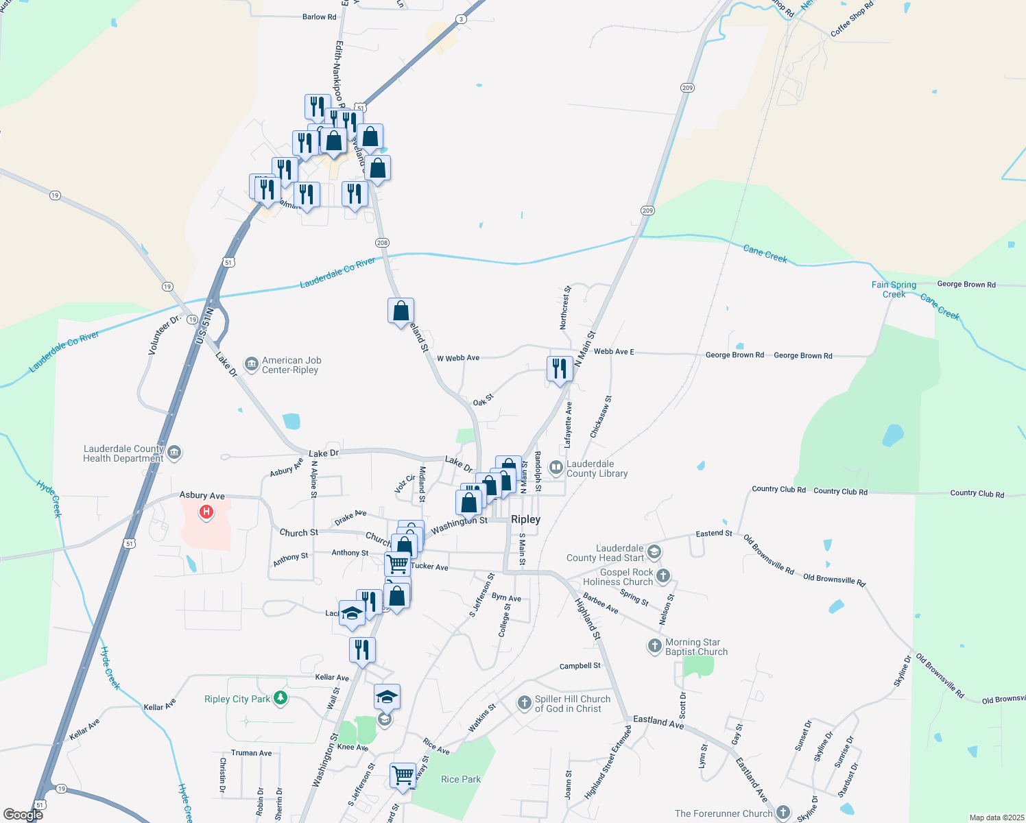 map of restaurants, bars, coffee shops, grocery stores, and more near 129 Sarah Cir in Ripley
