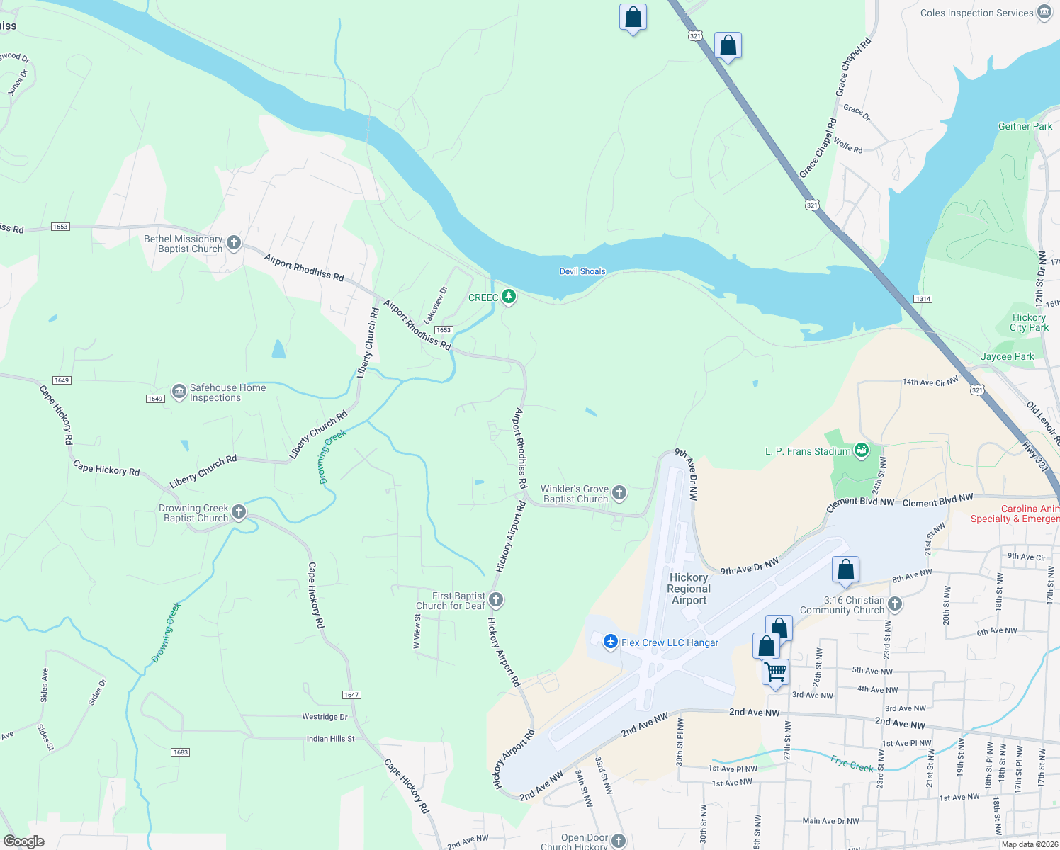 map of restaurants, bars, coffee shops, grocery stores, and more near 928 Airport Rhodhiss Road in Hickory