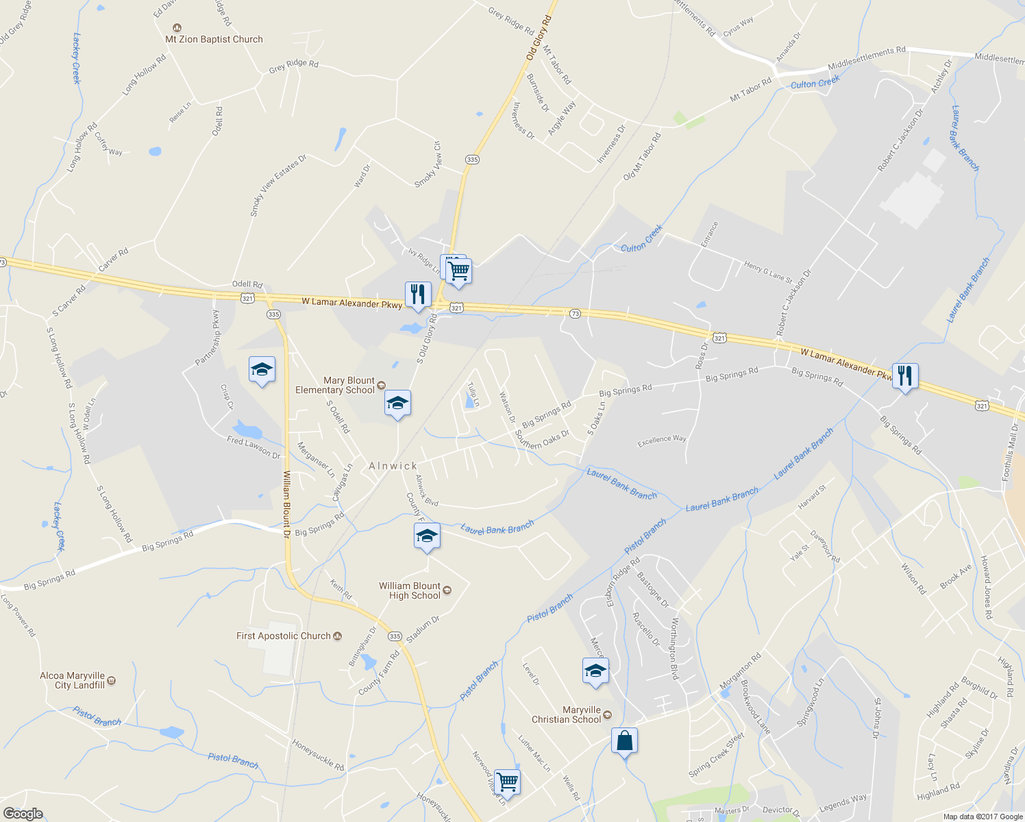 map of restaurants, bars, coffee shops, grocery stores, and more near 142 Watson Drive in Maryville