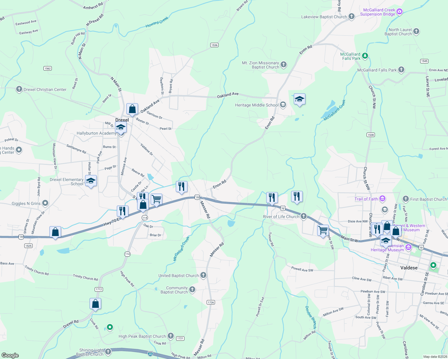 map of restaurants, bars, coffee shops, grocery stores, and more near 2160 Enon Road in Morganton