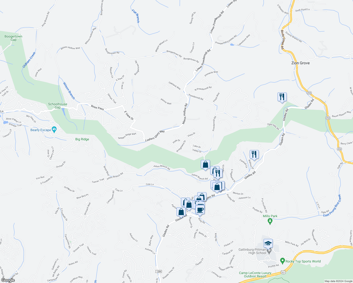 map of restaurants, bars, coffee shops, grocery stores, and more near 1020 Vista Drive in Gatlinburg