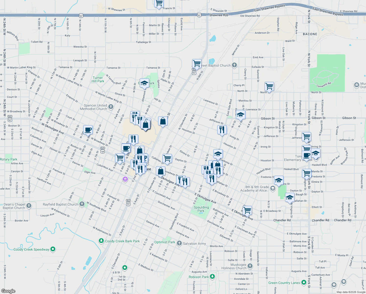 map of restaurants, bars, coffee shops, grocery stores, and more near 318 Felix St in Muskogee