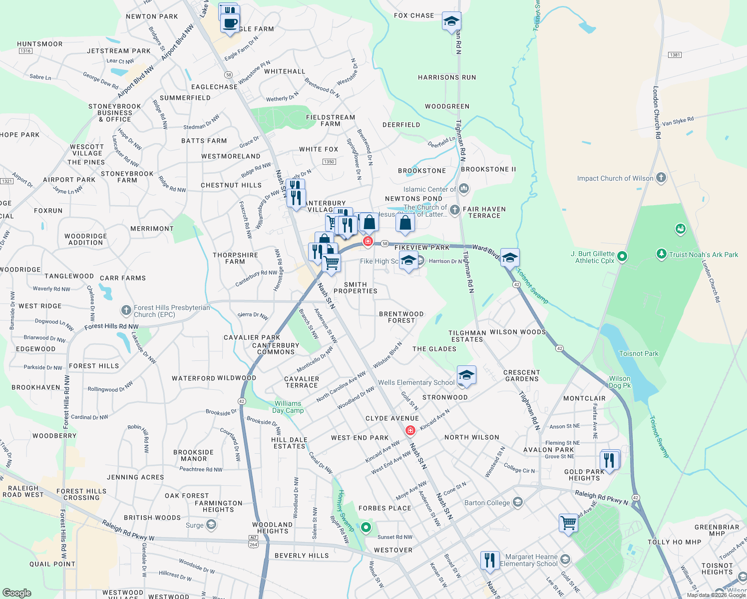 map of restaurants, bars, coffee shops, grocery stores, and more near 1799 Wilshire Blvd N in Wilson