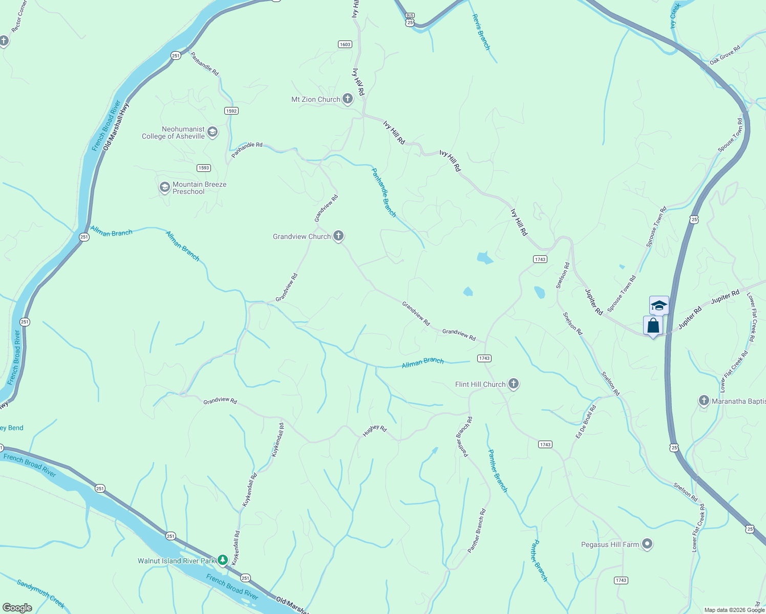 map of restaurants, bars, coffee shops, grocery stores, and more near 131 Grandview Road in Alexander