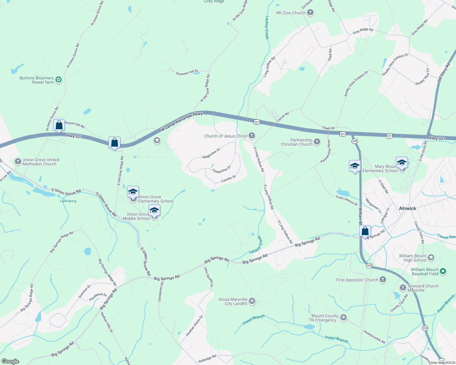 map of restaurants, bars, coffee shops, grocery stores, and more near 2826 Cansler Drive in Maryville