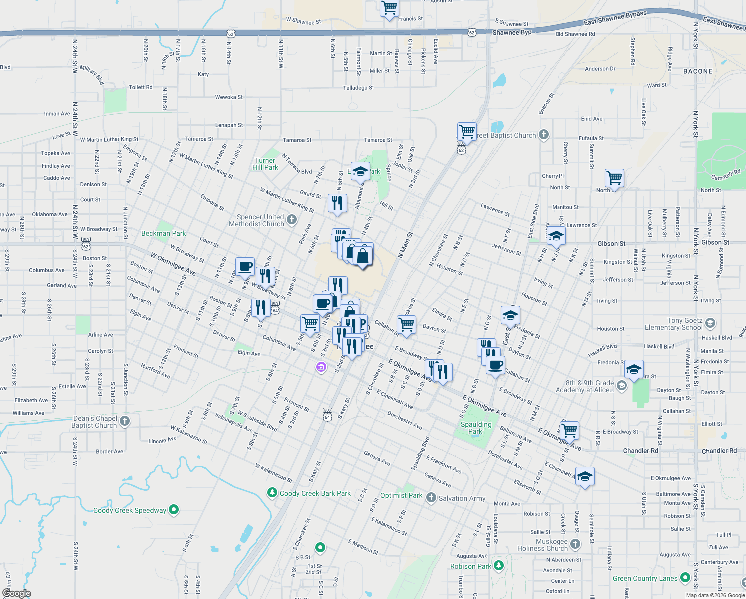 map of restaurants, bars, coffee shops, grocery stores, and more near 401 North Main Street in Muskogee