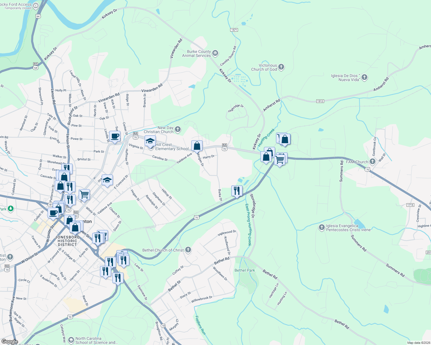 map of restaurants, bars, coffee shops, grocery stores, and more near 222 Burke Drive in Morganton