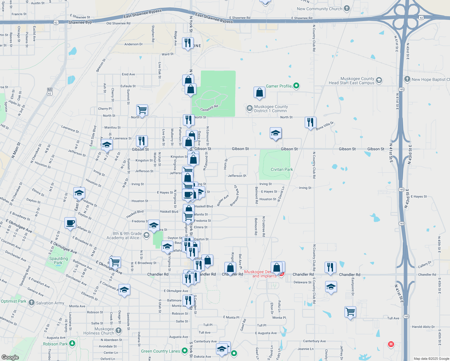 map of restaurants, bars, coffee shops, grocery stores, and more near 900 Horn Street in Muskogee