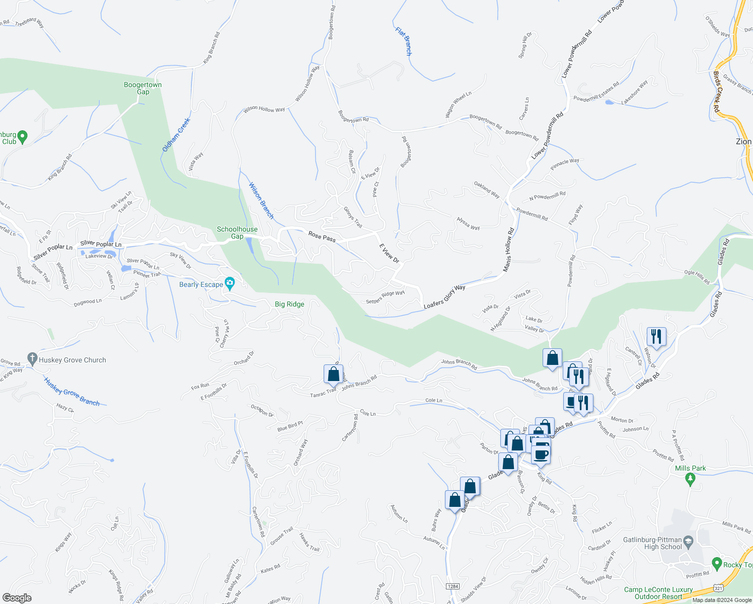 map of restaurants, bars, coffee shops, grocery stores, and more near 2049 Settlers Ridge Way in Gatlinburg