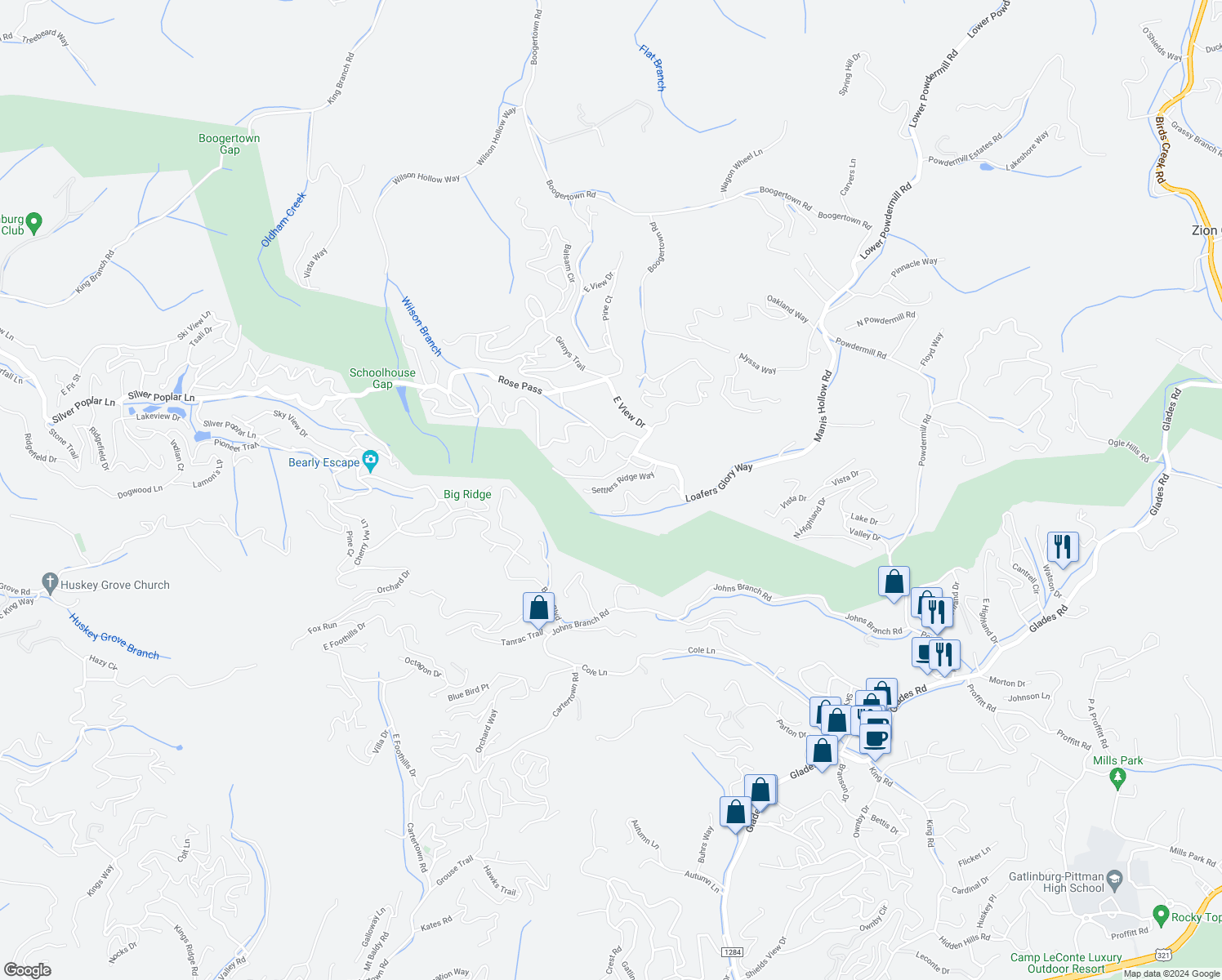 map of restaurants, bars, coffee shops, grocery stores, and more near 2053 Settlers Ridge Way in Gatlinburg