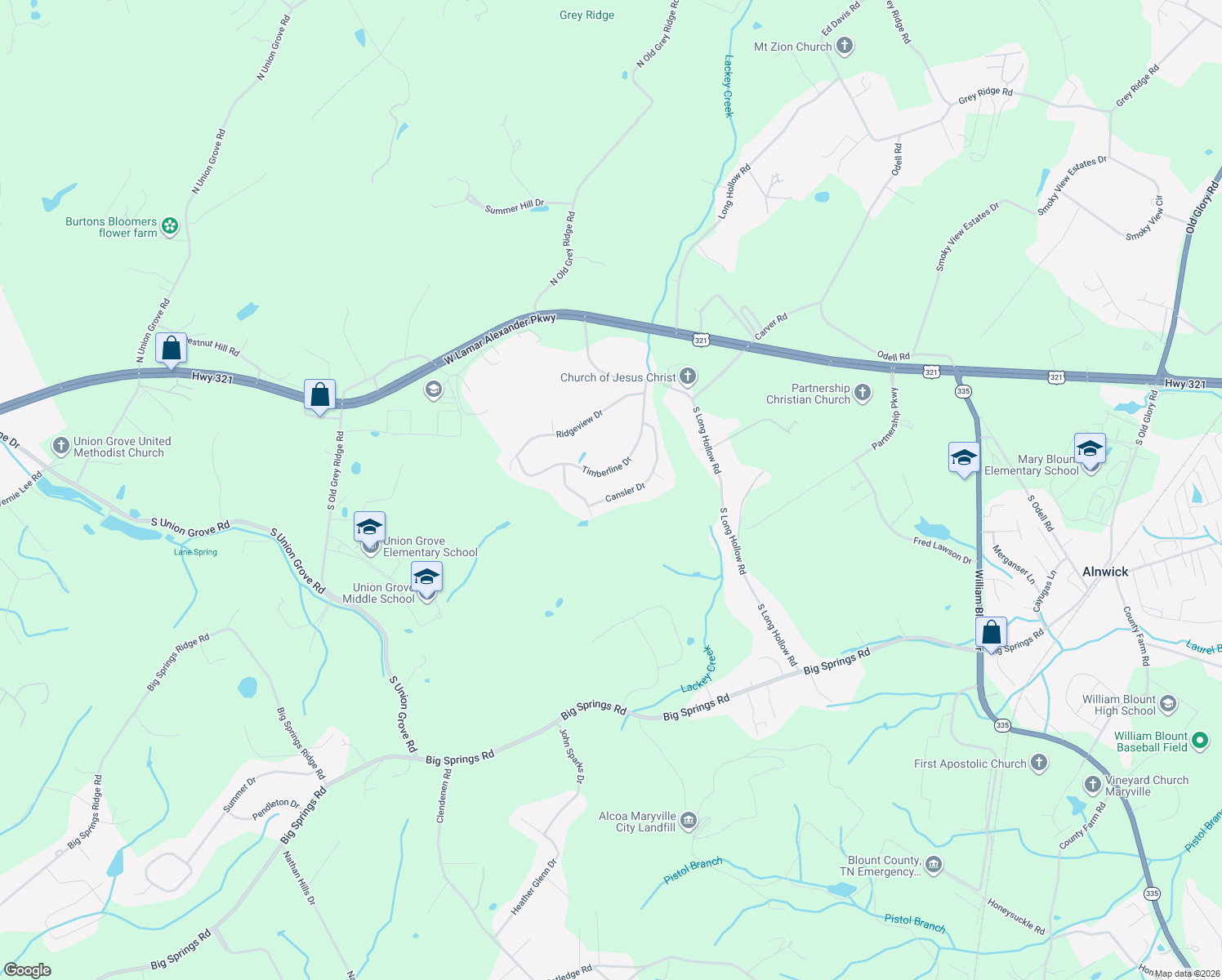 map of restaurants, bars, coffee shops, grocery stores, and more near 2826 Cansler Drive in Maryville