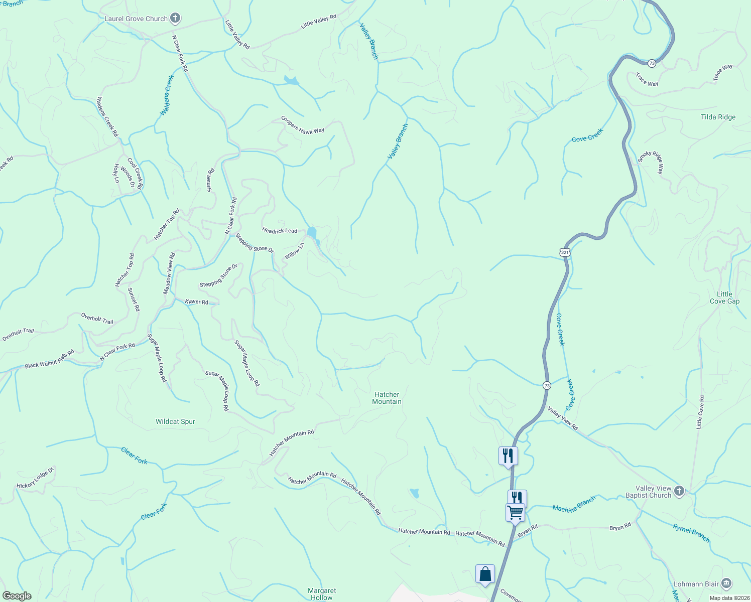 map of restaurants, bars, coffee shops, grocery stores, and more near 2216 Headrick Lead in Sevierville