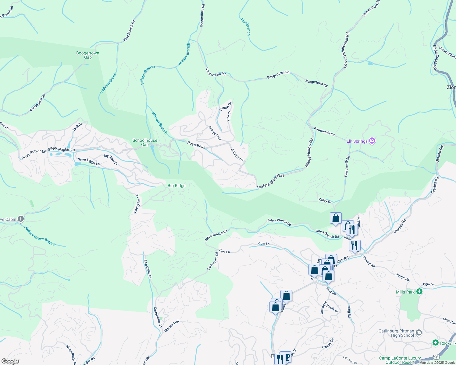 map of restaurants, bars, coffee shops, grocery stores, and more near 2057 Settlers Ridge Way in Sevierville